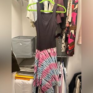 Sleeveless Black Tank Midi Dress with Pink & Blue Tie-Dye Skirt